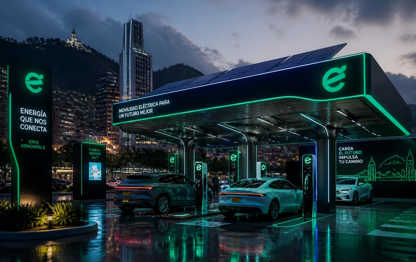 Hub de recarga Shayera Energy iluminado ao anoitecer em uma cidade latino-americana